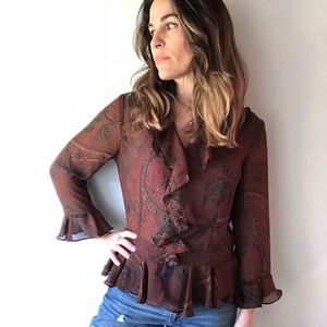 VINTAGE sheer paisley ruffle brown silk blouse